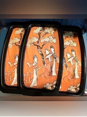 Elite Vintage Japanese Motif Serving Tray Set Lacquer Mid Century Set of 6